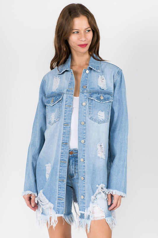 American Bazi Distressed Frayed Hem Denim Jacket